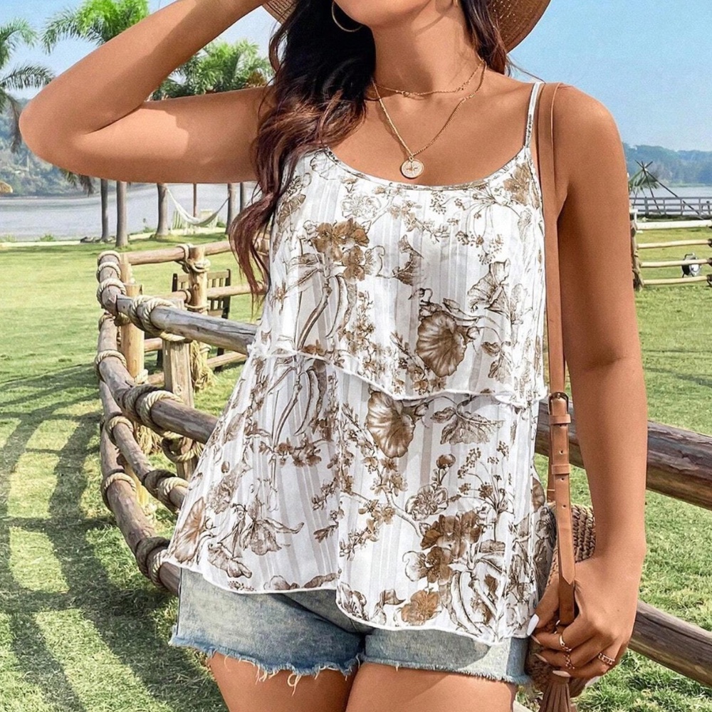 Plus Size Floral Tropical Print Striped Cami Ruffle Top - Picture 4 of 7